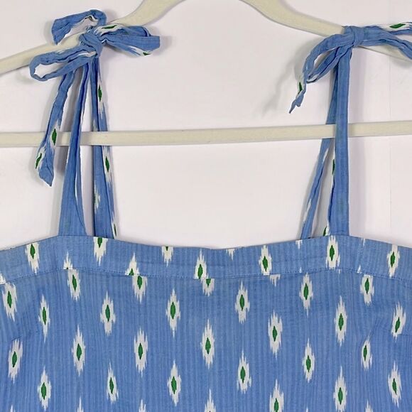 J. Crew Factory Top, Chambray Blue with Green & White Ikat Print, Size Medium - Picture 2 of 6
